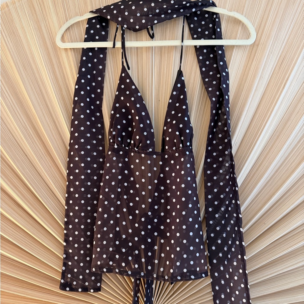 Brown Polka Dot Halter Top with neck Scarf
